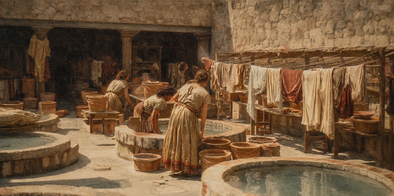 Ancient Roman laundry fullonica workers stomping clothes to clean them