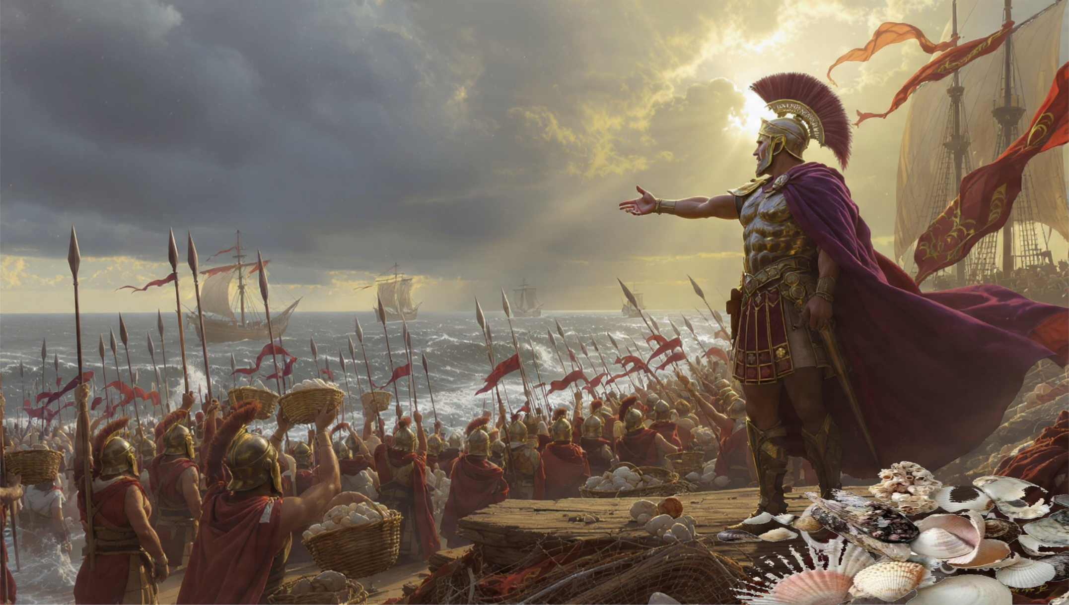 Emperor Caligula ordering soldiers to collect seashells war on the sea